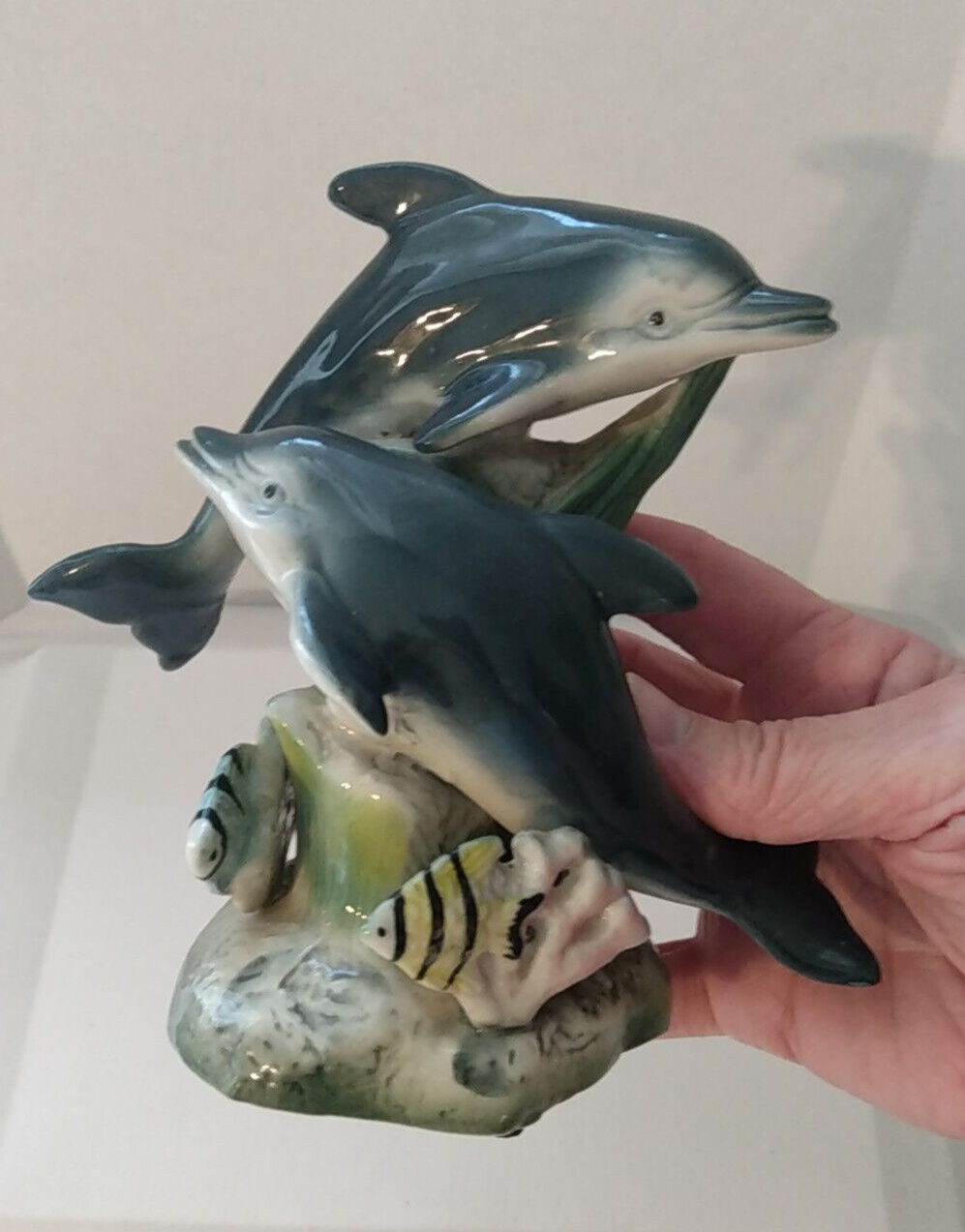Dolphins Zebra fish Swimming Around Sea Grass on Coral Reef Ceramic Figurine