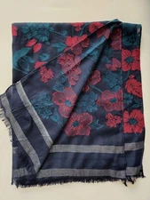 Women's acrylic floral scarf/wrap, black, red, & green, fringed, 75" long