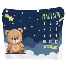 Teddy Bear Milestone Blanket - Personalized Name Fleece Throw, Baby Shower Gift