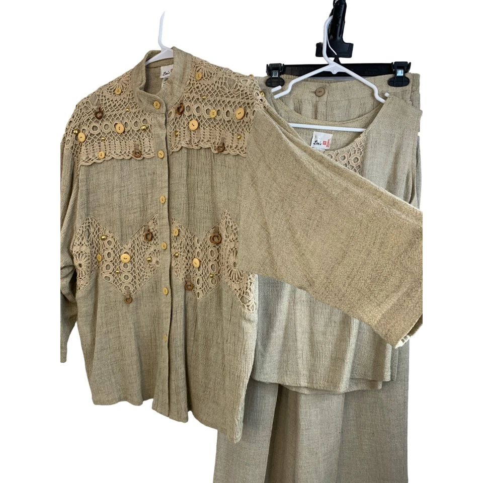 Raro Traje Pantalón Mujer Lim's De Colección 3 Piezas Crochet Lino GrannyCore M/L EE. UU. 7158 Foto 3 de 4