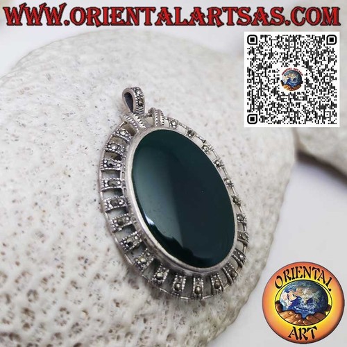 Ciondolo in argento 925‰ con agata verde ovale grande contornata da marcasite - Foto 2 di 4