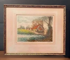 E. MONTY ETCHING ON PAPER, ENGLISH COTTAGES SIGNED FRAMED
