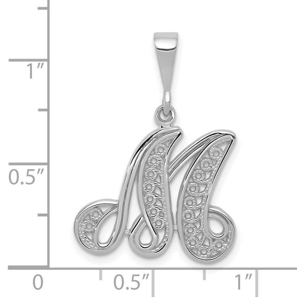 14k White Gold Filigree Design Cursive Style Letter M Initial Pendant 14k white gold filigree design cursive style letter m initial pendant