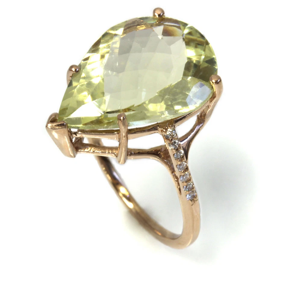 Anillo de cóctel grande de oro rosa de 14 k sólido de cuarzo y diamantes limón natural de 10,15 quilates Foto 2 de 4