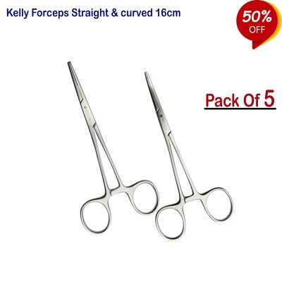 Kelly Forceps Straight & Curved Dental Surgical Hemostatic instruments Set Of 10