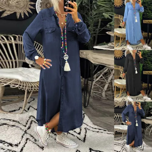 Damen-Jeans-Maxikleid In Übergröße Langärmeliges Denim-Hemdkleid Mit F - Bild 1 von 18
