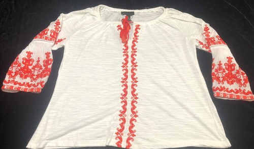 INC International Concepts Blouse Tie Pattern Women White/Orange Elastic
