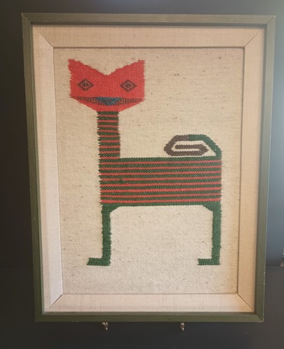 Vintage Handwoven Wool Framed South America Textile Art Cat 19"x15" - Picture 2 of 12