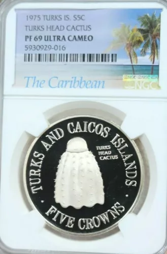 1975 TURKS & CAICOS SILVER 5 CROWNS TURKS HEAD CACTUS NGC PF 69 ULTRA CAMEO TOP