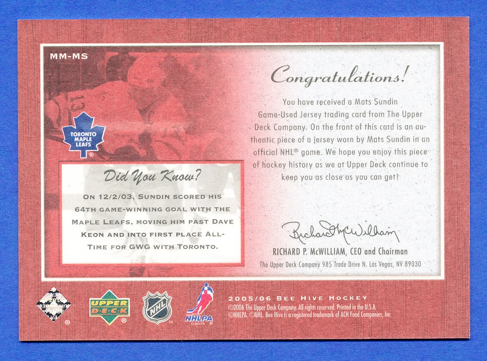 2005 UD HOCKEY MATS SUNDIN BEE HIVE MATTED MATERIALS GAME WORN JERSEY - Image 2 of 2