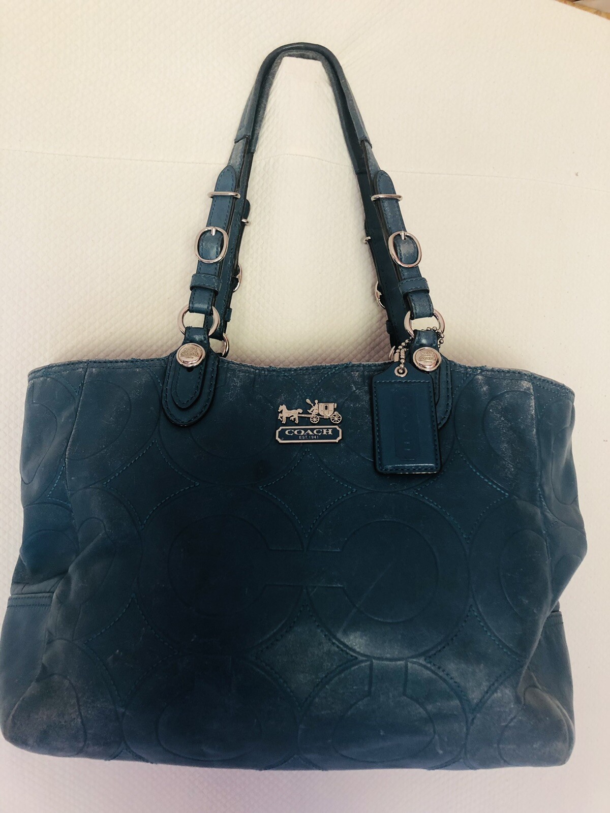 Coach Mia Embossed Signature C Blue Leather Tote Shoulder Bag 