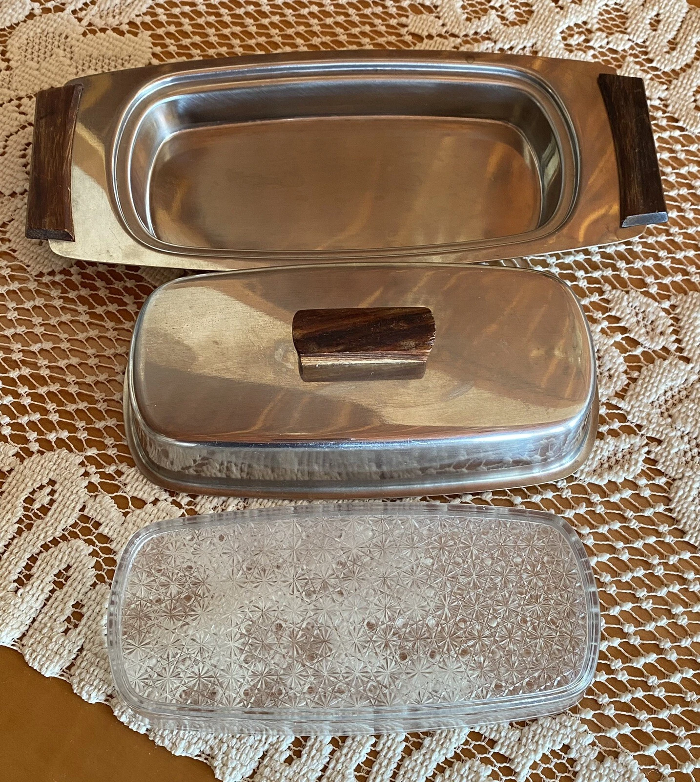 Mid-Century Modern KHH Hong Kong Stainless Steel Butter Dish Walnut Wood Handles