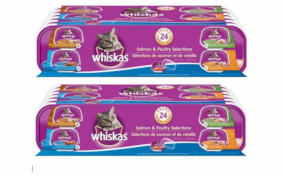 48 x trays Whiskas Pate Chicken Dinner/ Salmon/ Turkey Giblets/ Chicken Liver