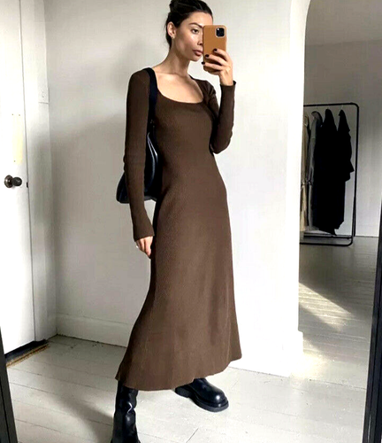 Zara Brown Ribbed Long Sleeve Maxi Knit 