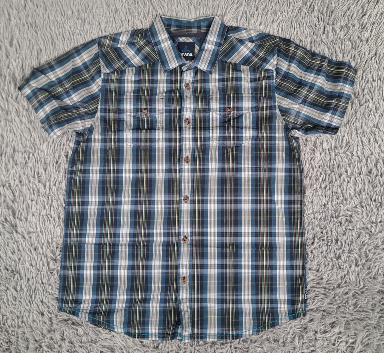 PrAna Shirt Mens Large Blue Cotton Plaid Short Sleeve Button Up Collared Outdoor