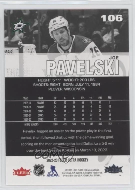 2022-23 Upper Deck Fleer Ultra Silver Foil Joe Pavelski #106 - Image 2 of 2