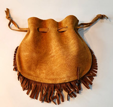 Brown Suede Fringe Drawstring Belt Pouch Bag, Native American Theme, One Size