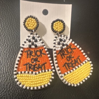 Handcrafted Beaded Candy Corn Earrings Yellow Orange Halloween Theme Dangle Drop