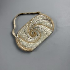 vtg 60s Le Regale Beaded Sequin Evening Bag Ivory Pearl Swirl Clutch Purse