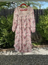 Vintage Kathryn Satin Nightgown Medium Pink Floral Flannel Lined Ruffles Lace