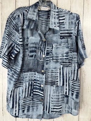 Kathy Che Top 18 Blue White Denim Look Button Shirt Collared Women's Blouse