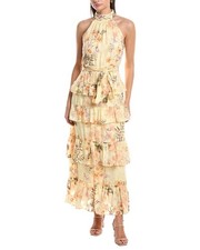 Anne Klein Tiered Halter Ruffle Chiffon Floral Maxi Dress Women's