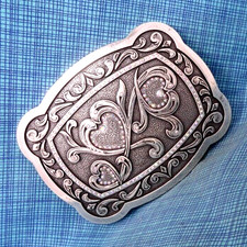 Western Scroll Hearts Belt Buckle Love Cowgirl Cowboy Country Vtg Taiwan .NOX218