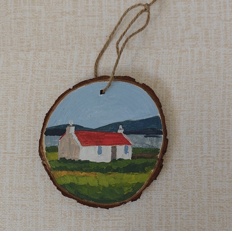 Hand Painted Wood Ornament Round Hanging Holiday House Scene Contemporary Decor