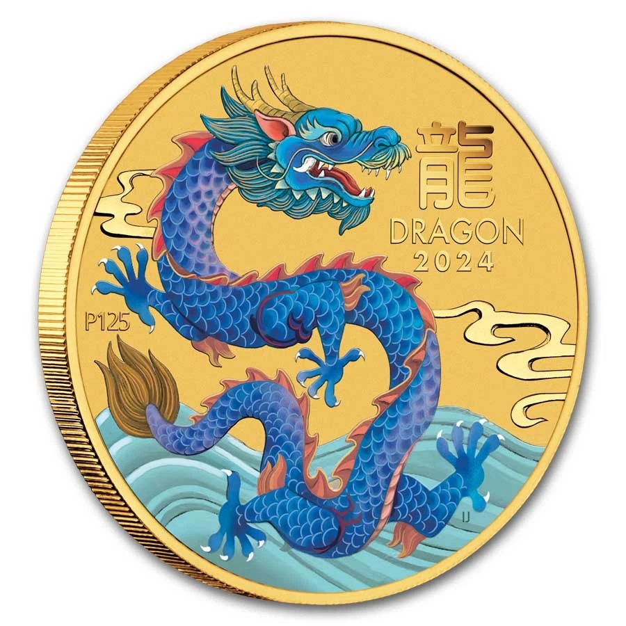 Dragão azul lunar dourado colorido 2024 Austrália 1/10 oz BU - Imagem 3 de 3