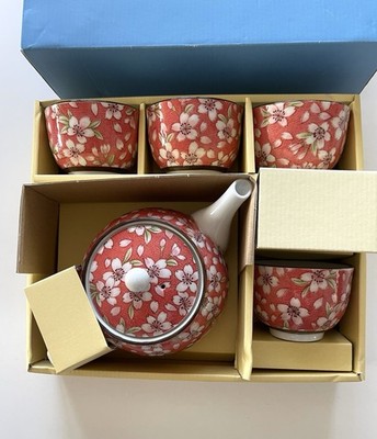 Japanese Cherry Blossom Tea Set Teapot 5 Cups 5 Bowls Arita Ware Floral Ceramic
