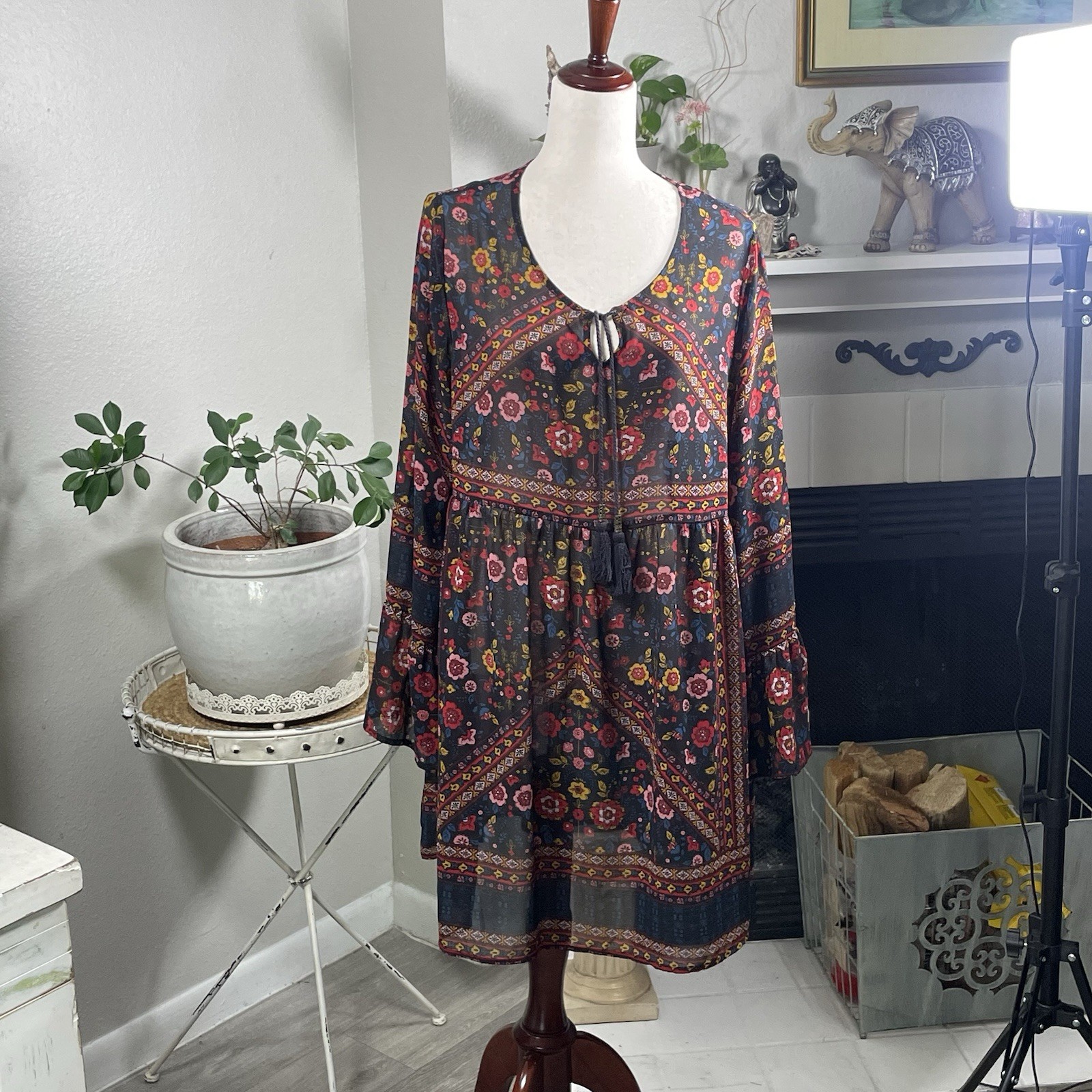 Xhilation Dress Boho Smock Style XL floral tassels Lagenlook Goth Fairy
