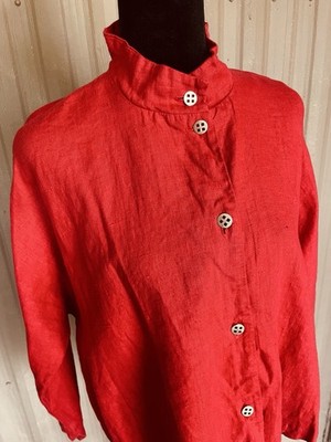 Itemz Chris Baumgartner 100% Linen Top Lagenlook Red Crop Dolman Slv USA OS FLAW