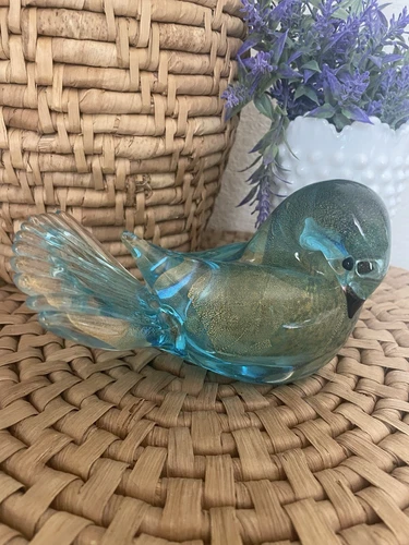 Murano Art Glass Dove Bird Figure Teal With Gold Fleck Aventurine Italy Vintage