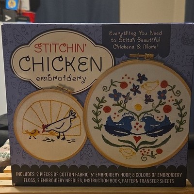 Chartwell Books Stitchin' Chicken Embroidery Kit 6'' Hoop Floss Needles Fabric