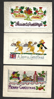 3X WW1 CHRISTMAS GREETINGS EMBROIDERED SILK POSTCARDS DRESSED CHICKS WHISKY FLAG