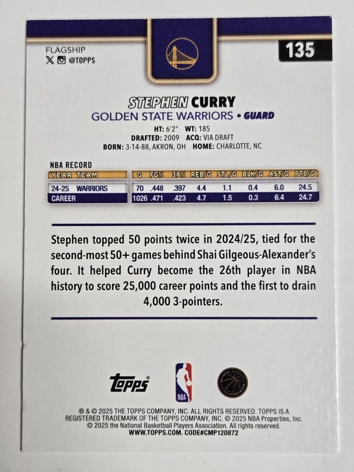 🏀 2025 Topps Stephen Curry Púrpura Espalda Error SP Variación #135 Warriors ¡¡RARO!!! Foto 4 de 4