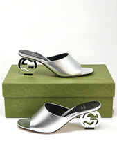 Gucci Marmont Heels Leather GG Base Interlocking Mule Silver UK 4 EU 37 US 7 111