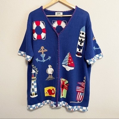 QVC The Quacker Factory Hand Knitted Short sleeve Cardigan Coastal Nautical 1X
