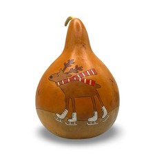 Handmade Signed Burned Painted Christmas Gourd Reindeer Skating Snow Seasonal