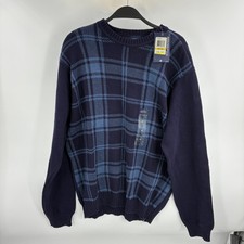 Arrow Men's Medium M Plaid Sweater Navy Blue Crew Neck Cotton New
