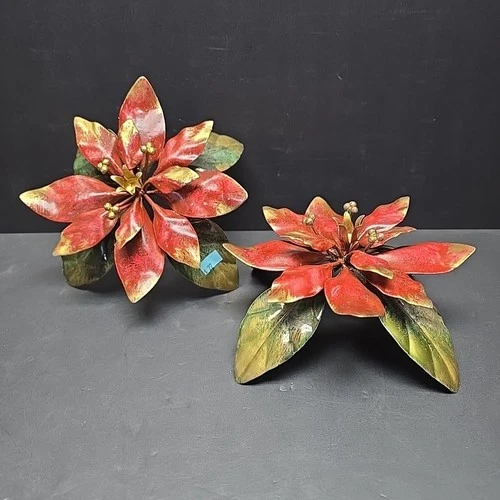 VTG Neiman Marcus Italy Tole Metal Poinsettia Candle Holders 6" Pair Red Gold