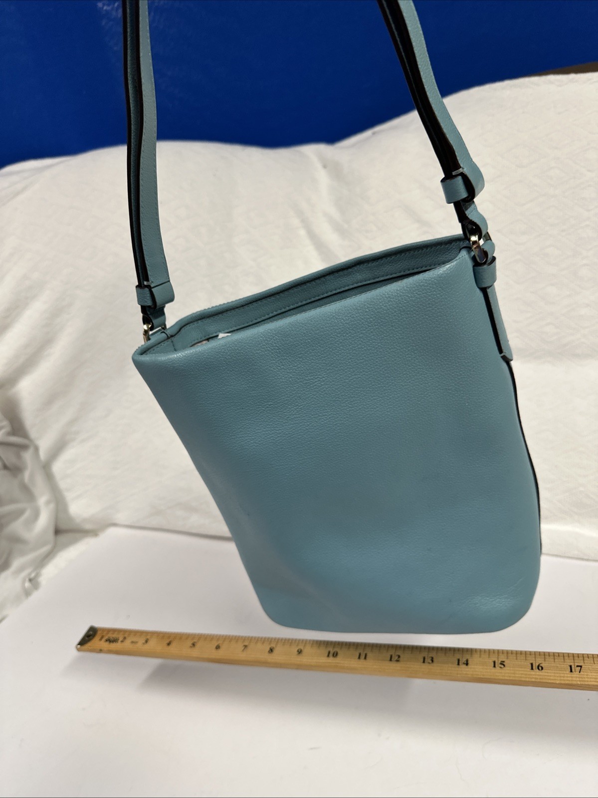 Kate Spade Elsie Bucket Bag Pebbled Leather Smokie Blue EUC image 10