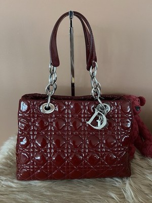 Christian Dior Lady Dior Burgundy Red Patent Shopper Shoulder Handbag Tote Used