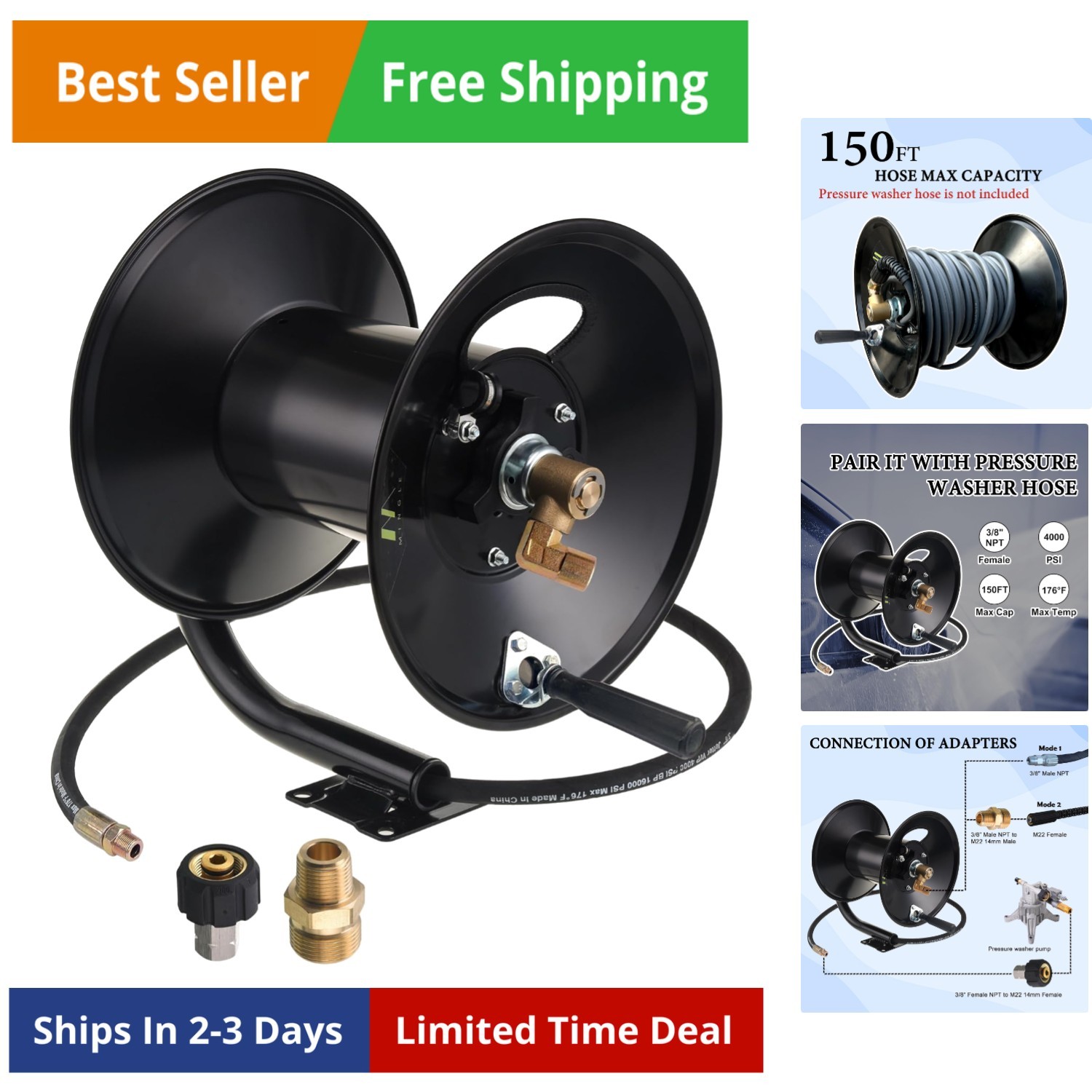 High Pressure Washer Hose Reel 150ft, Heavy Duty Steel Hose 