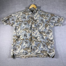 Route 66 Map Print Short Sleeve Button Front Shirt Mens Large Blue Ramie Cotton