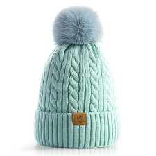 Women Winter Pom Pom Beanie Hats Warm Fleece Lined Chunky Chenille Knit Twist