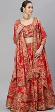 Tomato Red Choli Lehenga Dupatta Traditional Indian Outfit size 42 XL