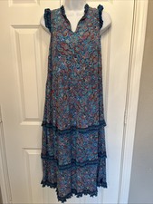 J. JILL Sz S Petite Pullover Dress Tiered Ruffle Trim Pockets Boho India Floral