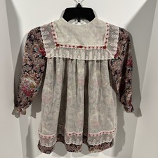 Vtg 80s Rose Floral Pinafore Girls Dress Size  Made USA Lace Ribbon Rosette