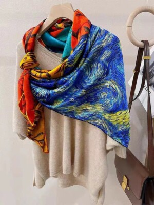 100% Women Mulberry Silk 43''W Square Scarf Shawl Wrap Floral Print Xmas Gift New